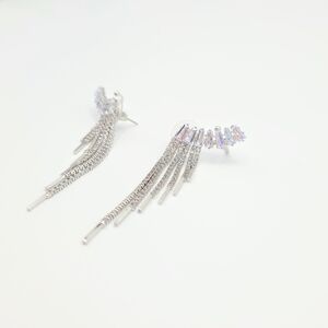 Silver Crystal Dangle Fringe Earrings with Cuffs Vintage Y2K